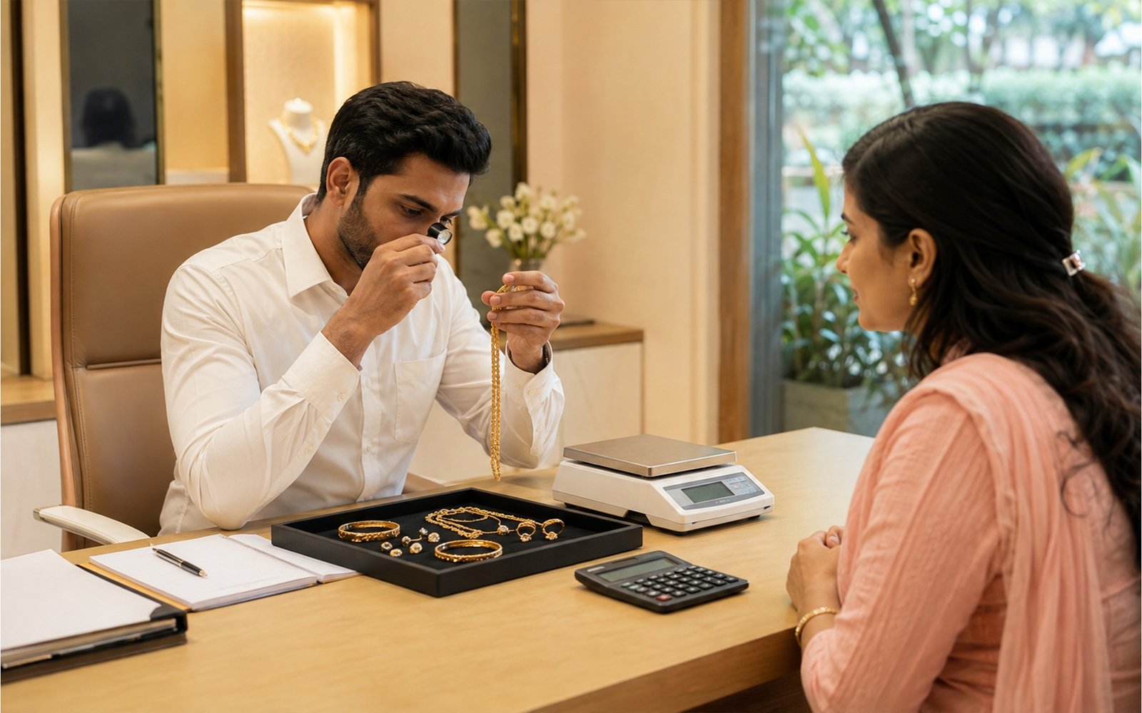 Gold jewellery inspection by old gold buyers in Bangalore.