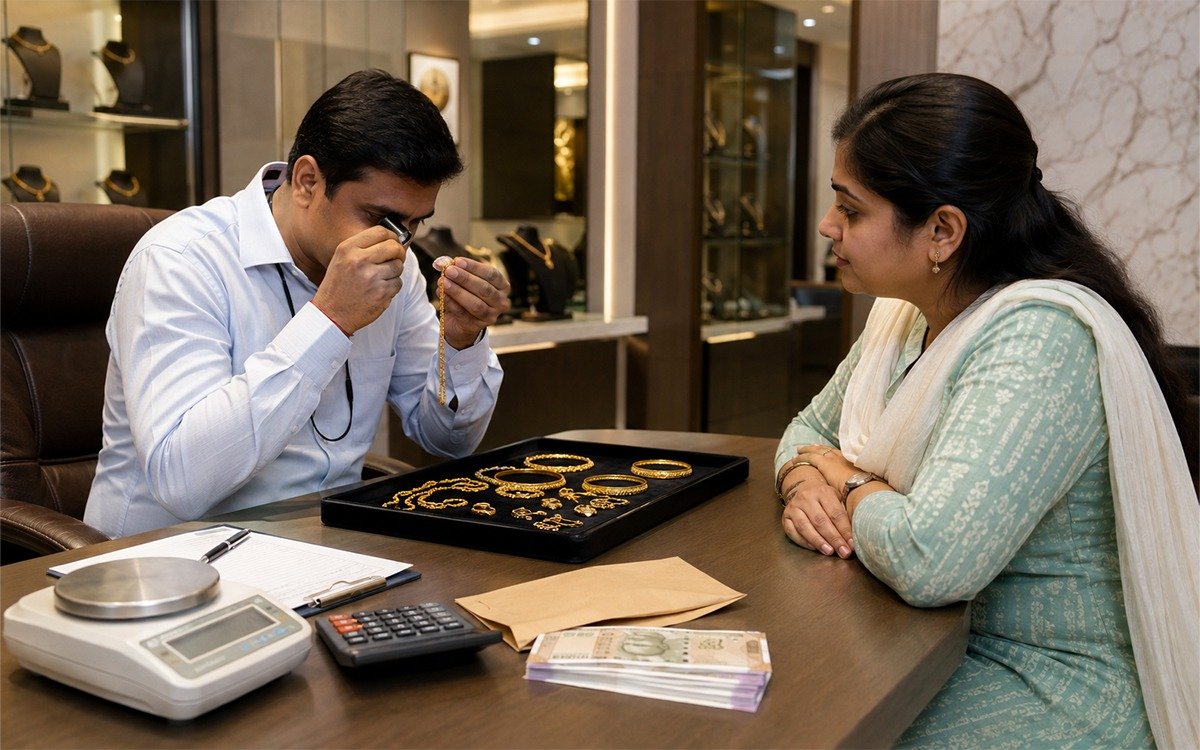 Gold jewellery inspection by gold jewellery buyers in Bangalore.